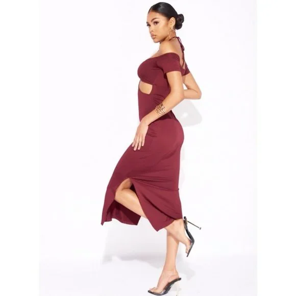 Burgundy Halter Neck Off Shoulder Short Sleeve Slit Cutout Bodycon Midi Dress - Picture 11 of 13